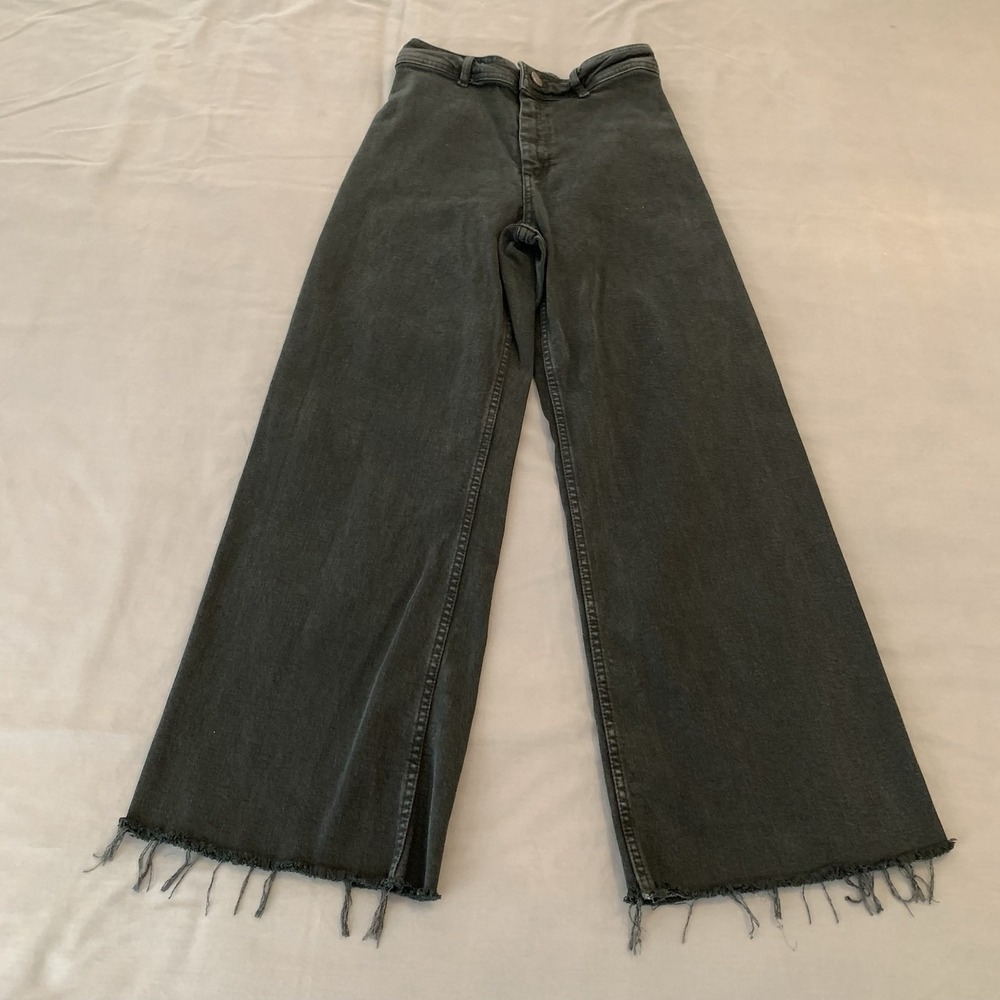 Zara Wide Leg Jeans Womens 4 Gray Charcoal Wash High Rise Frayed Hem Denim